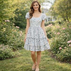 In The Beginning Blue Floral Tiered Ruffle Mini Dress Size Large